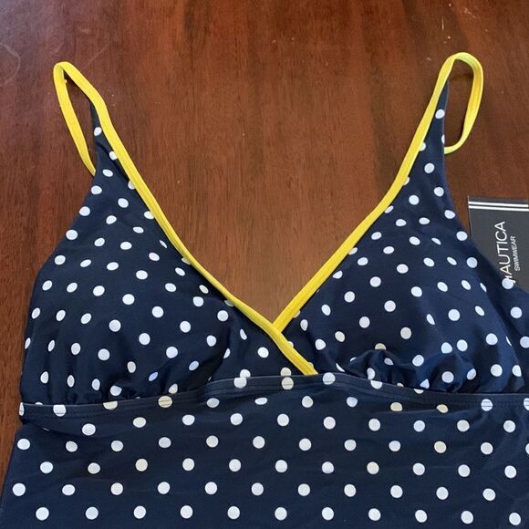 Nautica navy white polka dot bathing suit top with yellow trim Size M NWT - Picture 2 of 6